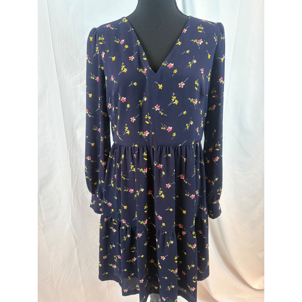 Navy Blue‎ Floral Tiered Mini Dress Long Sleeve V Neck - Picture 10 of 11